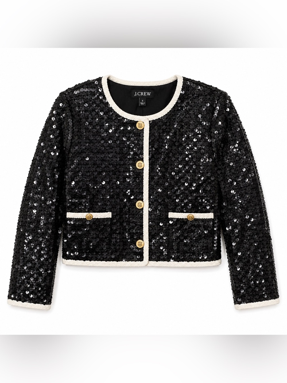 J. Crew Mariner Jersey Lady‎ Jacket Sequins Black Ivory Trim Small
